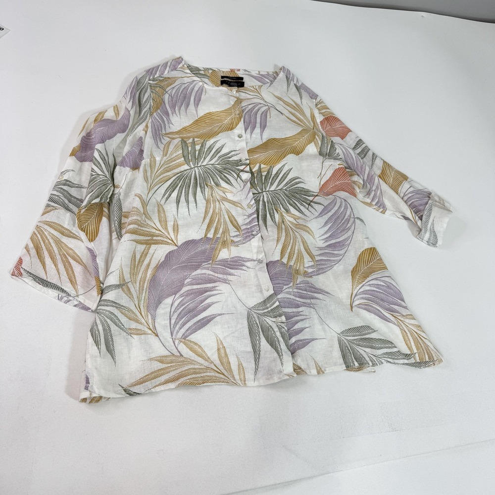 Tahari Shirt Womens 2XL Linen‎ White Tropical Palm Leaf Button Front Blouse